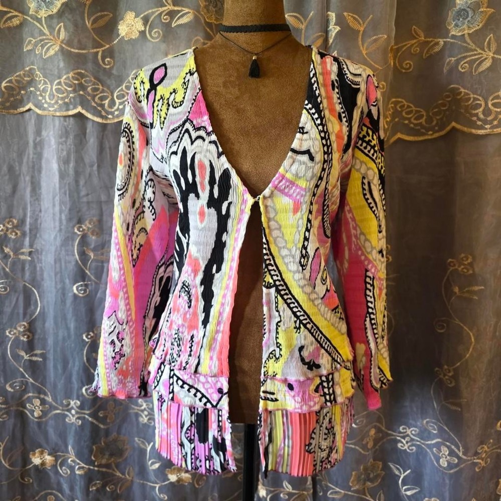 Sharon Young Womens‎ Large Pink Yellow Abstract Paisley Pleated Ruffle Cardigan